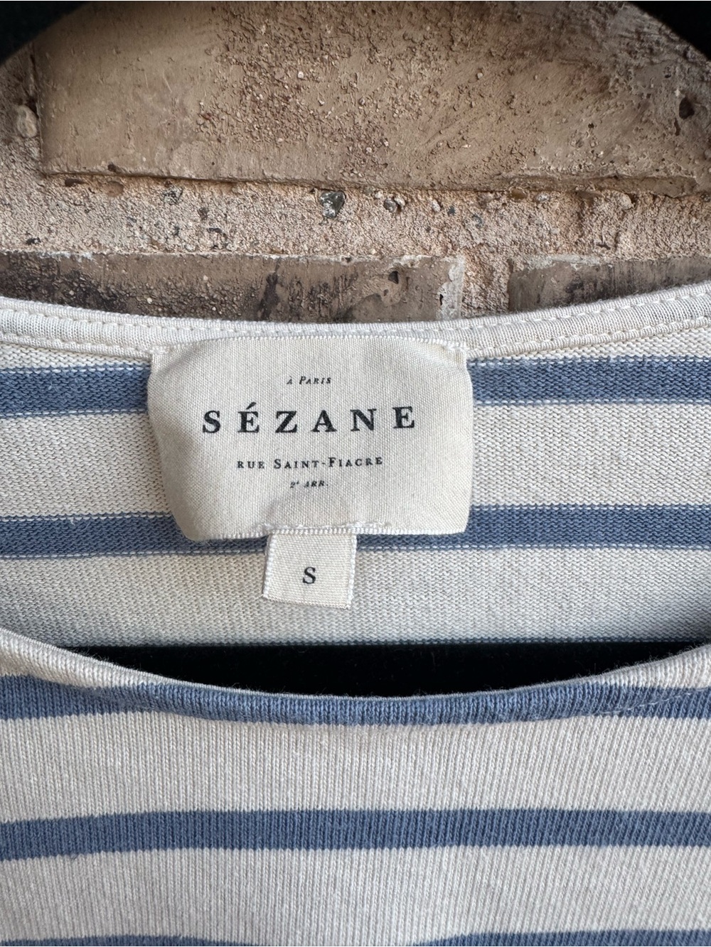 Sezane Colette mariniere blue Ecru Striped Button-Shoulder Top Sz Small - Picture 4 of 10